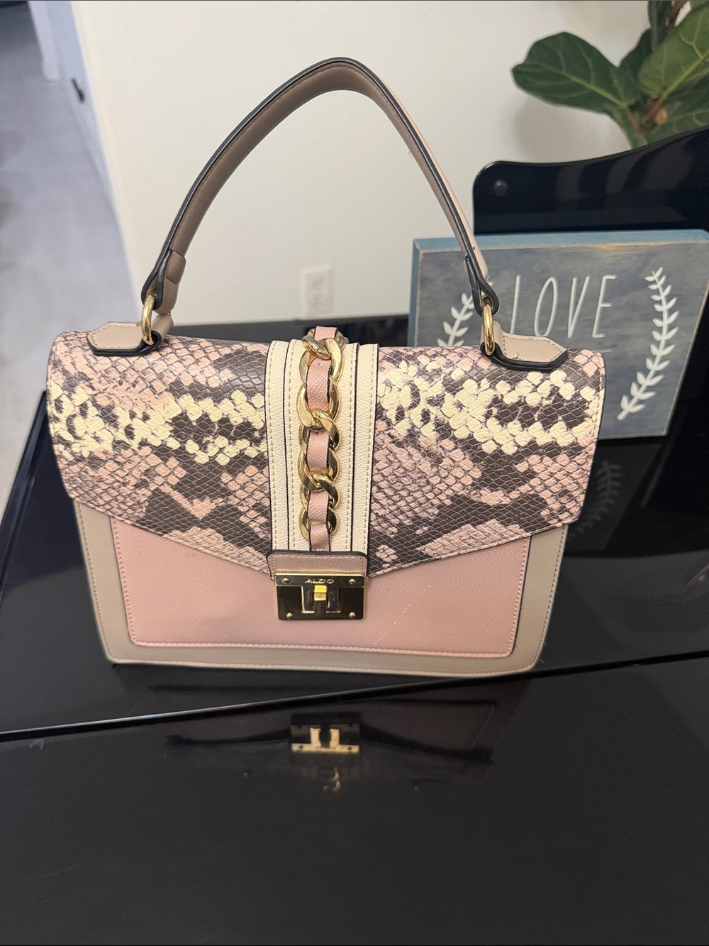 Aldo Pink Snake-Print Top Handle Satchel with Gold Chain